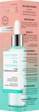 Eveline Serum Shot 10% Niacinamide w butelce z zakraplaczem, redukuje niedoskonałości, w różowym opakowaniu.