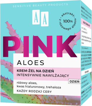 Opakowanie kremu-żelu AA Pink Aloes na dzień, jasnoniebieskie z różowym napisem i grafiką aloesu.