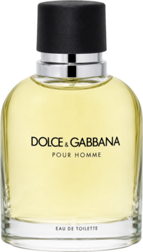 Dolce & Gabbana Pour Homme, męska woda toaletowa, jasnożółta butelka z czarną nakrętką, widok z przodu.