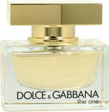 Dolce & Gabbana The One, damska woda perfumowana w przezroczystej butelce ze złotą, prostokątną nakrętką, widok z przodu.