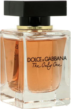 Dolce & Gabbana The Only One perfumy, szklana butelka z bursztynowym płynem i czarną nakrętką, widok frontalny.