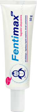 Fentimax żel chłodzący na ukąszenia dla dzieci 1+ w białej tubce 50g, z grafiką pingwina.