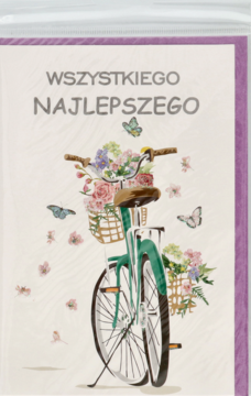 Biała karta okolicznościowa z zielonym rowerem pełnym kwiatów i motylami, napisem WSZYSTKIEGO NAJLEPSZEGO.