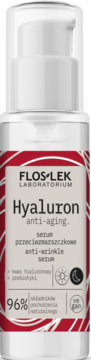 Floslek Hyaluron anti-aging serum przeciwzmarszczkowe. Biała butelka z pompką, czerwono-biała etykieta, widok z przodu.