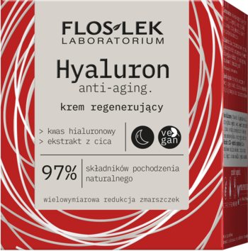 FLOS LEK Hyaluron anti-aging krem regenerujący, czerwone opakowanie z beżową etykietą, widok z przodu.