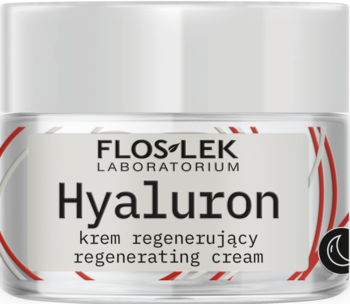 Flos-Lek Hyaluron regenerujący krem do cery dojrzałej w białym słoiczku ze srebrnym wieczkiem, widok z przodu.