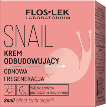 Różowe pudełko kremu Floslek Laboratorium Snail odbudowującego, z grafiką ślimaka i info o 96% natur. składników.