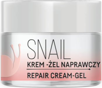 SNAIL Krem-żel naprawczy do skóry, biały słoik z różowym paskiem, logo ślimaka, regeneruje i wygładza.