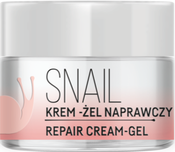 Biały słoik kremu-żelu Snail Repair z różową etykietą i grafiką ślimaka, widok z przodu.
