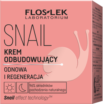 Różowe pudełko kremu Floslek Snail Odbudowujący z dużą grafiką ślimaka i napisem "96% składników naturalnych".