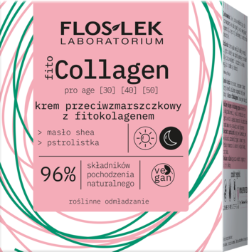 FLOS LEK fito Collagen krem przeciwzmarszczkowy, różowo-białe pudełko z napisem pro age, widok z przodu.
