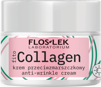 Biały słoiczek Flos-Lek Fito Collagen, kremu przeciwzmarszczkowego, z różową etykietą i zielonymi wzorami, widok z przodu.
