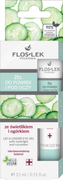 Floslek Pharma Żel pod oczy z ogórkiem i świetlikiem. Białe pudełko z plastrami ogórków, widok z przodu.