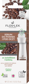 Opakowanie Floslek Lid & Under Eye Serum z kofeiną i świetlikiem, białe, widok z przodu z aplikatorem roll-on.