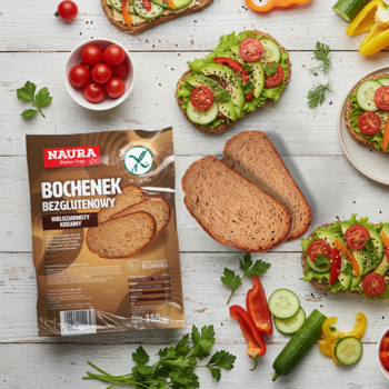 Wieloziarnisty chleb bezglutenowy Haura, opakowany i krojony, leży wśród świeżych warzyw i gotowych kanapek.