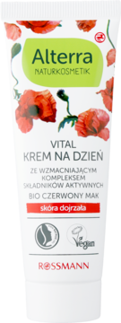 Biała tubka Alterra Naturkosmetik Vital Krem na Dzień z bio czerwonym makiem, dla skóry dojrzałej. Widok z przodu.