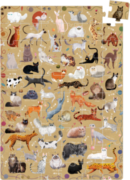 Puzzlove Koty, barwna układanka z ilustracjami ponad 40 ras kotów na beżowym tle, z fragmentem poza ramką.