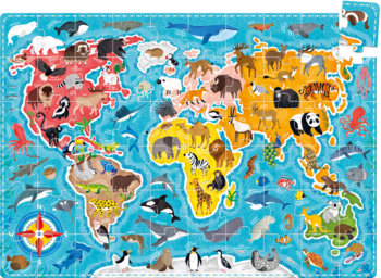 Puzzlove Zwierzęta Mapa świata: ilustracja mapy świata z kolorowymi kontynentami i rysunkami zwierząt lądowych i morskich.
