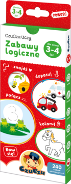 Front opakowania CzuCzu Zabawy logiczne dla dzieci 3-4 lat, 240 zadań edukacyjnych, czerwono-białe.