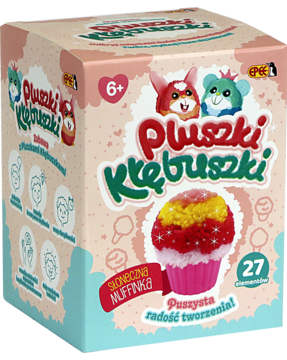 Pluszki-Kłębuszki zestaw kreatywny, różowe pudełko z ilustracją puszystej muffinki i napisem 6+, widok z przodu i boku.