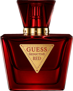 Guess Seductive Red woda toaletowa w czerwonej butelce z fasetowaną nakrętką i złotymi akcentami, widok z przodu.