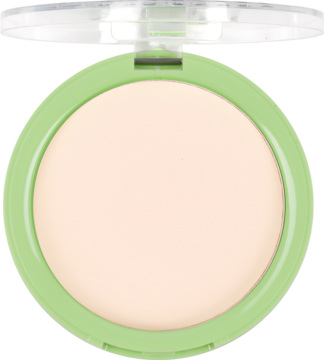 Lovely Vegan transparentny puder matujący w otwartej jasnozielonej puderniczce, beżowy, prasowany, z góry.