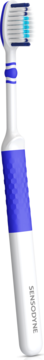 Biała szczoteczka Sensodyne Odbudowa i Ochrona Soft z niebieskim uchwytem i miękkim włosiem, widok z ukosa.