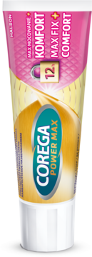 Różowo-żółta tubka kleju do protez Corega Power Max z napisem 12h mocowanie i komfort, widok pionowy.