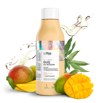 Olej do włosów średnioporowatych o zapachu mango w mango-kolorowej butelce, z owocami na białym tle.