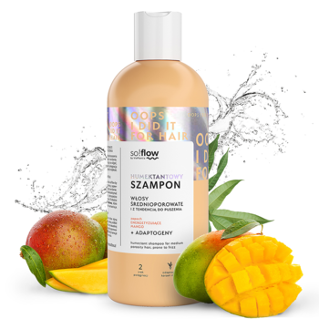 Szampon so!flow humektantowy mango do włosów średnioporowatych. Brzoskwiniowa butelka z wodą i owocami.