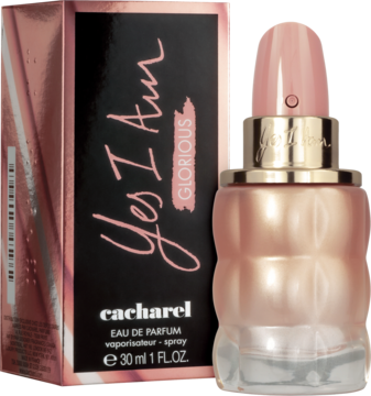 Cacharel Yes I Am Glorious EDP 30ml. Różowa butelka z karbowanym szkłem i pasujące pudełko. Widok z przodu.
