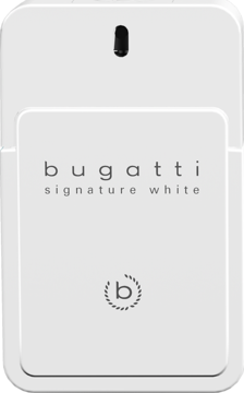 Biały flakon perfum męskich Bugatti Signature White, drzewno-owocowo-ambrowych, z czarnym napisem i logo, widok z przodu.