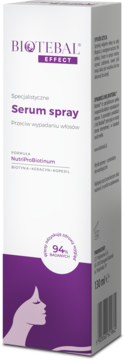 Białe opakowanie Biotebal Effect Serum spray na włosy, z fioletowym logo i sylwetką kobiety. Widok z przodu.