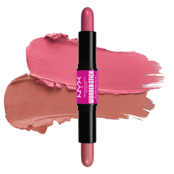 NYX Wonder Stick Cream Blush, czarny sztyft z różem i bronzerem, widok z przodu na tle swatchy odcieni.