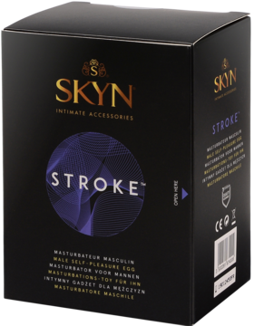 Czarne pudełko SKYN Stroke, intymny gadżet dla mężczyzn, z purpurowym wzorem i złotym logo, widok pod kątem.