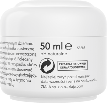 Biały słoik kremu Ziaja Kozie Mleko 50 ml, widok z tyłu z etykietą, tekstem pH naturalne i logo.