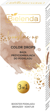 Bielenda Boost Me Up Color Drops baza przyciemniająca 3w1, białe pudełko z brązową plamą i złotym napisem.