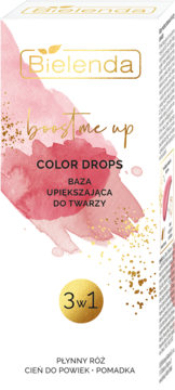 Bielenda Boost Me Up Color Drops 3w1 baza, białe pudełko z różowym pociągnięciem pędzla i złotymi detalami, widok z przodu.