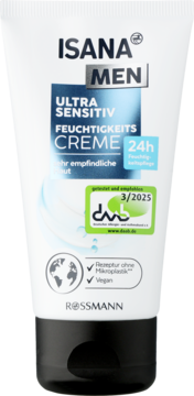 ISANA MEN Ultra Sensitiv krem nawilżający 24h, biała tubka z czarną nakrętką, dla wrażliwej skóry, widok z przodu.