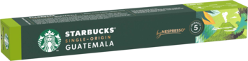 Ciemnozielone opakowanie kapsułek Starbucks Single-Origin Guatemala Nespresso z białym logo, widok z przodu pod kątem.