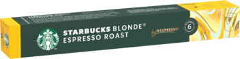 Pudełko Starbucks Blonde Espresso Roast, kapsułki kawy, zielono-żółte opakowanie, widok pod kątem.
