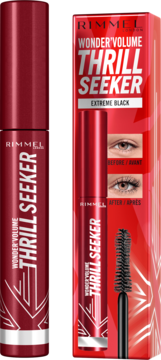 Rimmel Thrill Seeker Extreme Black mascara w czerwonej tubce, obok czerwone pudełko z detalami i aplikatorem.
