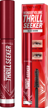 Ciemnoczerwony tusz Rimmel Wonder'Volume Thrill Seeker Black Brown obok opakowania, z detalami szczoteczki i oczu.