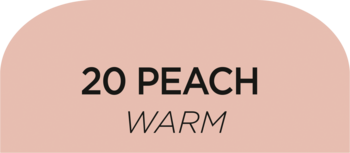 Wzornik koloru korektora, odcień 20 PEACH. Półokrąg w jasnym brzoskwiniowym kolorze z napisem WARM.