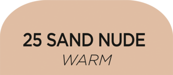 Beżowy wzornik koloru korektora 25 Sand Nude Warm z numerem i opisem ciepłego odcienia.