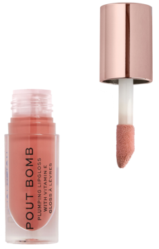Różowy błyszczyk Revolution Pout Bomb Plumping Gloss z witaminą E, widok butelki i aplikatora na czarnym tle.