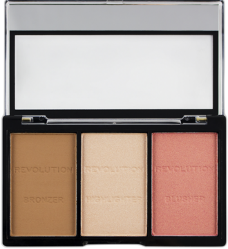 Paleta Revolution Ultra Sculpt&Contour Ultra Fair C01: brązer, rozświetlacz, róż w czarnym etui z lusterkiem.