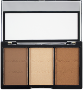 Otwarta czarna paleta Revolution Ultra Sculpt&Contour z bronzerem, rozświetlaczem i różem, widok z góry.