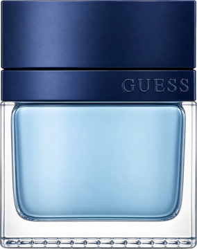 Guess Seductive Homme Blue, męska woda toaletowa. Szklana butelka z błękitnym płynem, ciemnoniebieska nakrętka, logo, widok z przodu.