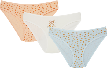 Trzy pary damskich majtek o klasycznym kroju: beżowe i błękitne w drobne wzory, białe z napisem.